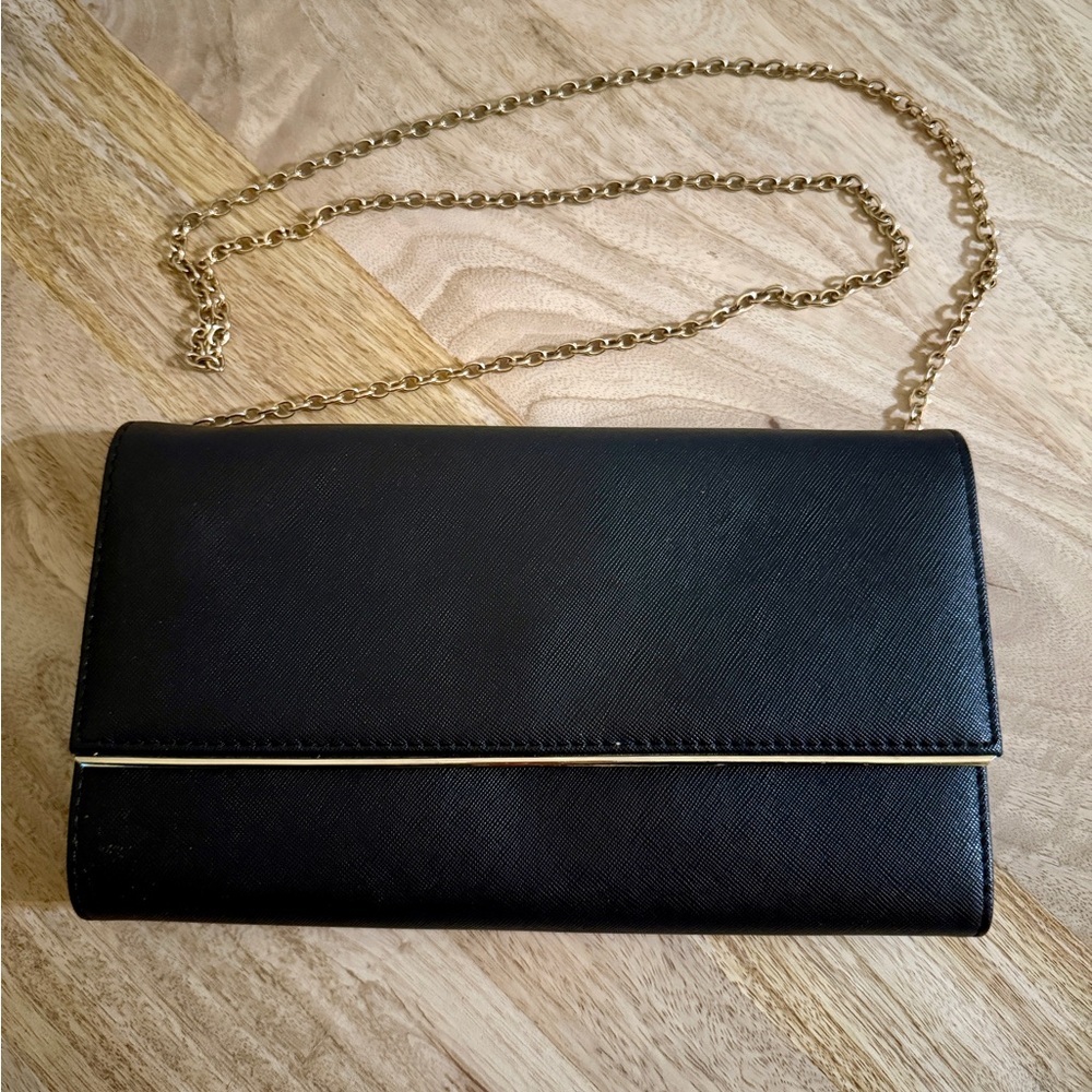 Black Faux Textured Leather Gold Minimalist Embellished Evening Clutch Bag